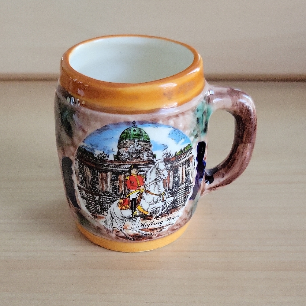 Vintage Miniature Souvenir Ceramic Mug with Horse and Building Design